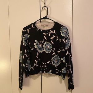 LOFT Blue and White Pretty Floral Cotton Cropped Sweater